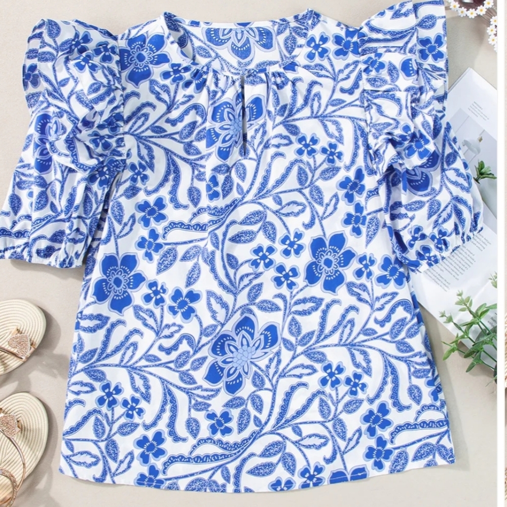 Blue Ruffled Puff Sleeve Blouse - Picture 2 of 3
